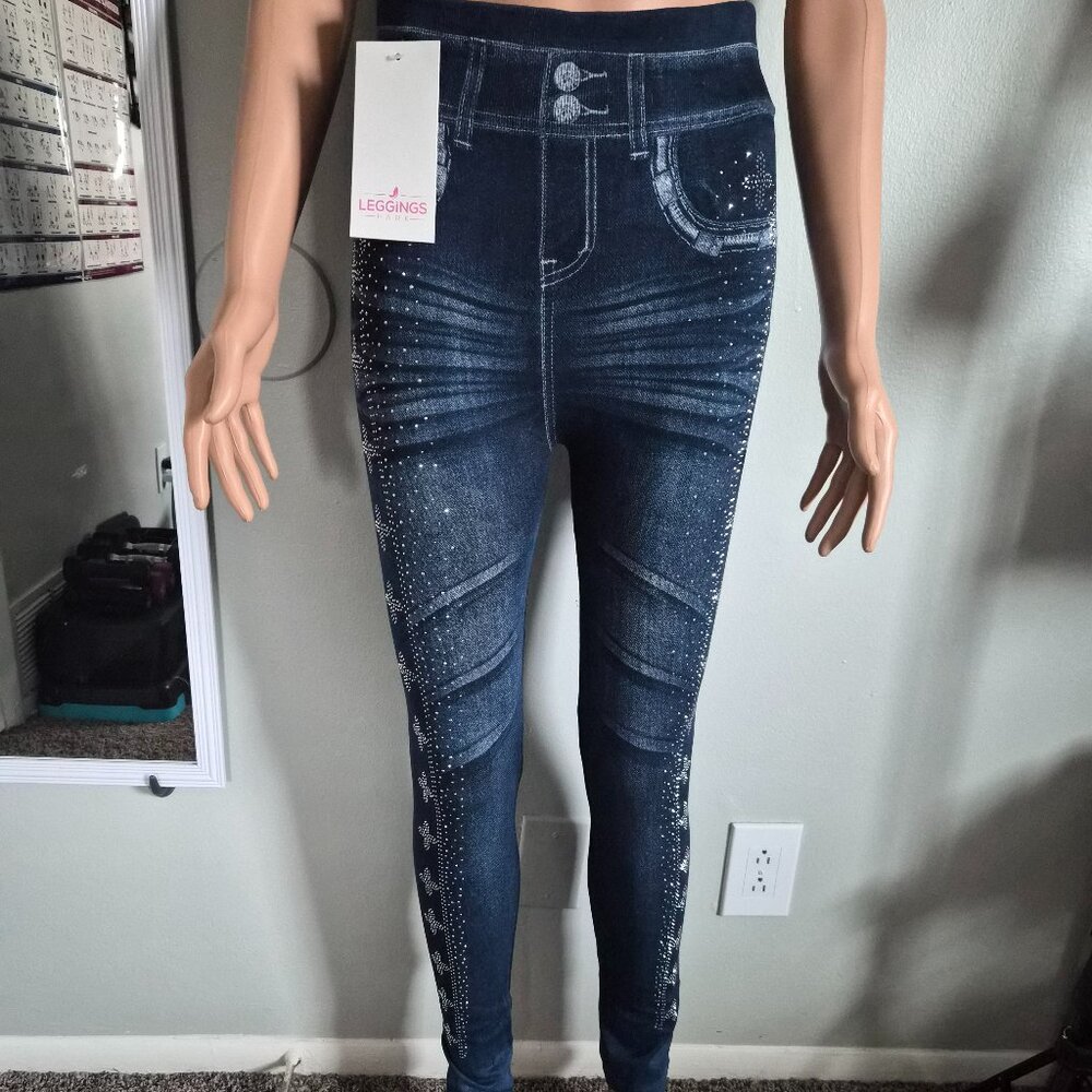 Leggings Park Womens Plus Size Denim Leggings with Rhinestone Design (L)